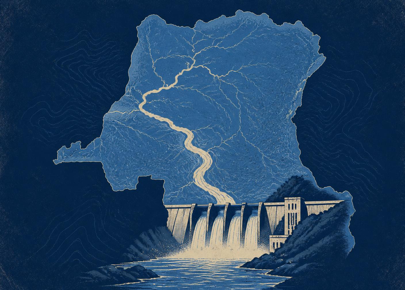 Illustration de la RDC, du réseau du fleuve Congo et d'un barrage hydroélectrique